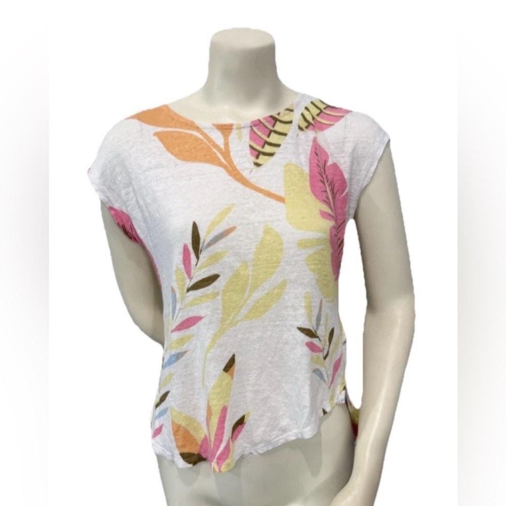 Cynthia Rowley 100% Linen Floral Leaf Print Tee Top Women’s Size L